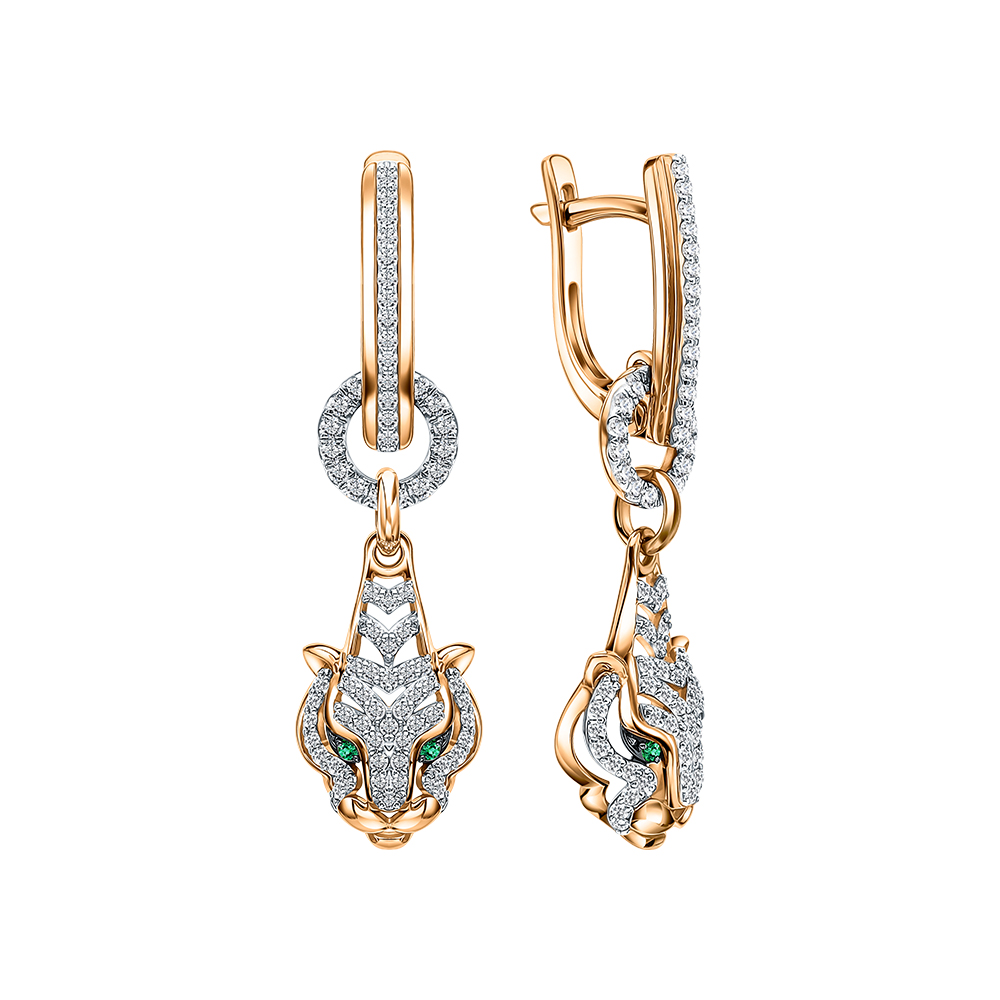 Золотые серьги с бриллиантами природными и изумрудами природными